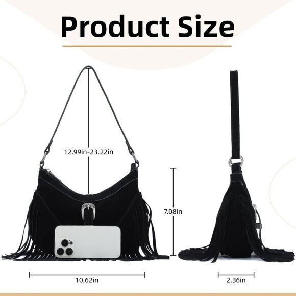Fringe Hobo Purse for Women Tassel Shoulder Bag Vintage Suede Crossbody - Picture 3 of 7